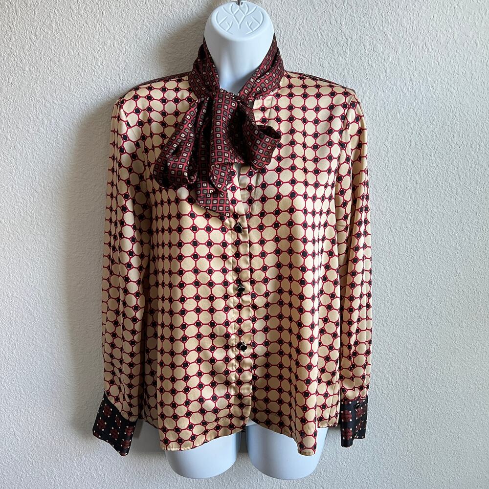 Zara Geometric Tie Neck Satin Blouse Women's Small Long Sleeves Retro 70s